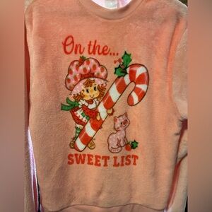 Strawberry Shortcake Pink Fuzzy Holiday Sweater with Candy Cane Design